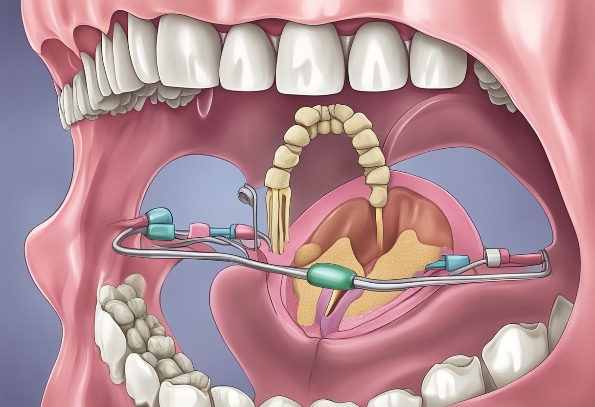 An anatomical illustration of a tooth decay process, with a focus on the effects of lupus on dental health