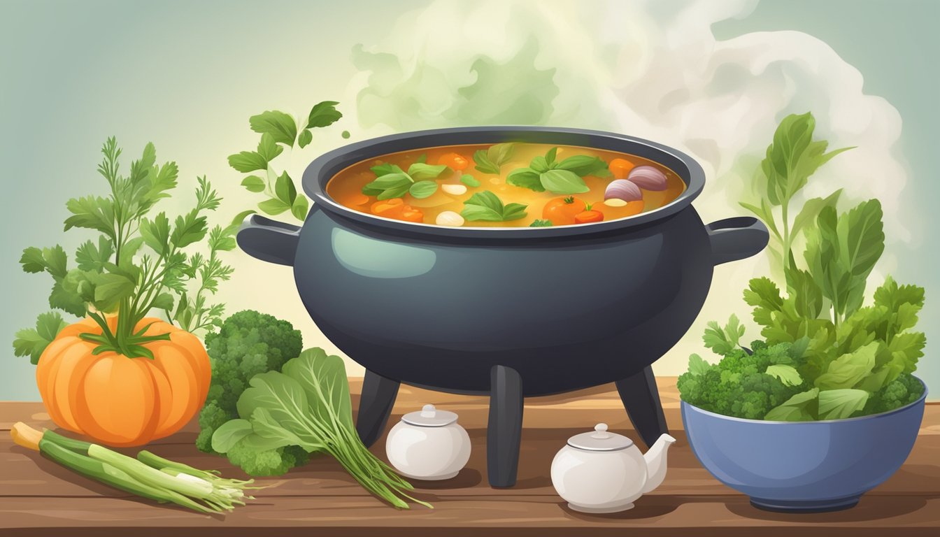 A pot of steaming soup surrounded by a collection of fresh vegetables and herbs, with a soothing cup of tea on the side