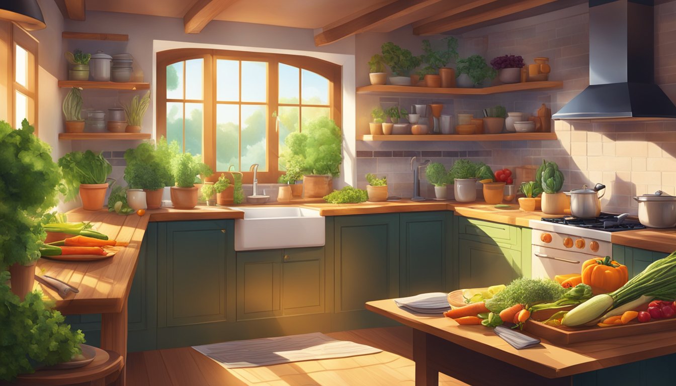 A cozy kitchen with open cookbooks, colorful vegetables, and aromatic herbs spread out on a wooden countertop, with a warm glow from the sunlight streaming through the window