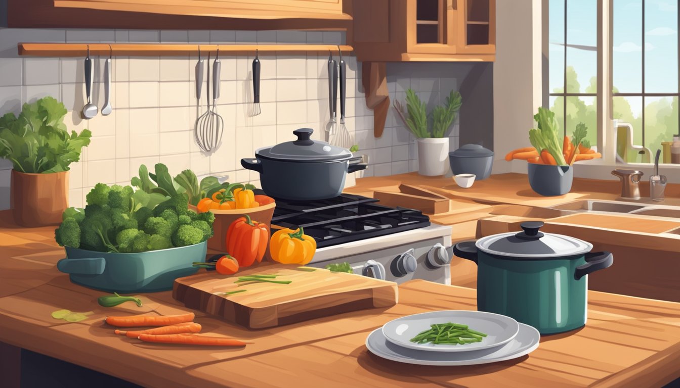 A cozy kitchen with a pot simmering on the stove, a cutting board with fresh vegetables, and a warm, inviting atmosphere