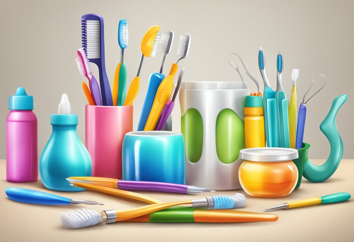 A table with dental tools, toothbrushes, and colorful educational materials for preschoolers