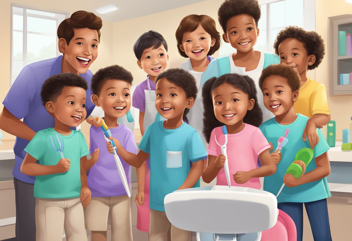 A group of preschoolers gather around a dentist as she demonstrates proper brushing techniques using oversized toothbrushes and a model of a mouth