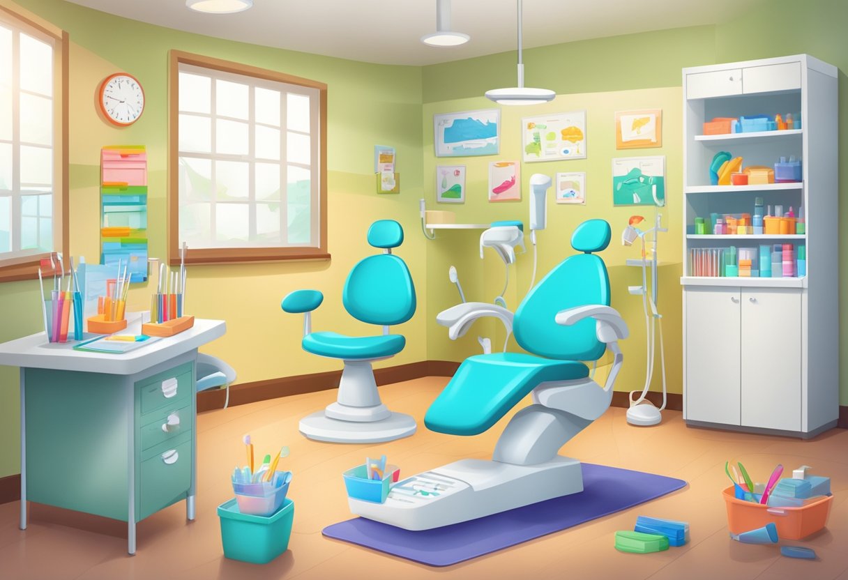 A dentist's office with colorful educational materials and resources for preschool activities, including toothbrushes, floss, and dental hygiene diagrams