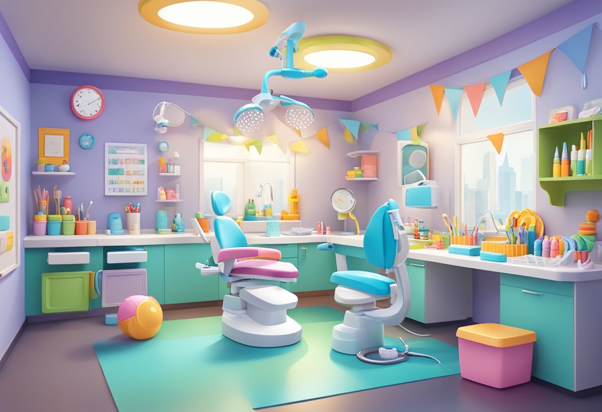 A dentist's office with colorful toys, dental tools, and child-friendly decor. A small table set up for hands-on activities like toothbrushing and flossing demonstrations