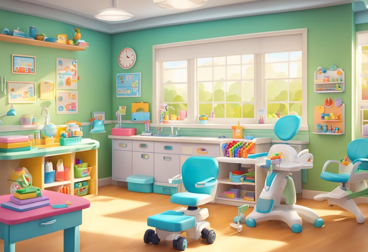 A colorful and inviting preschool classroom with dental-themed toys, books, and educational posters. A small table set up with dental tools and a pretend dentist chair for role-playing activities