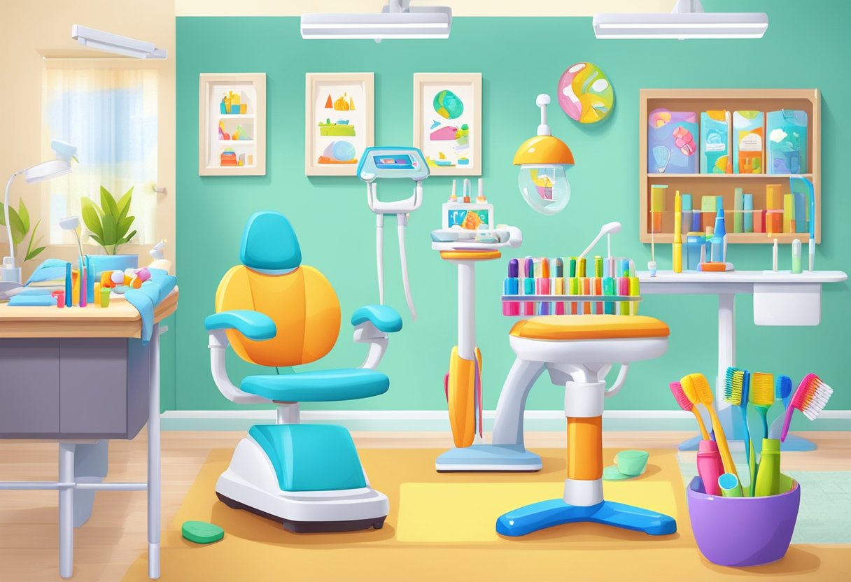 A dentist's office with colorful preschool activities set up, including toothbrushing stations, dental-themed books, and educational games