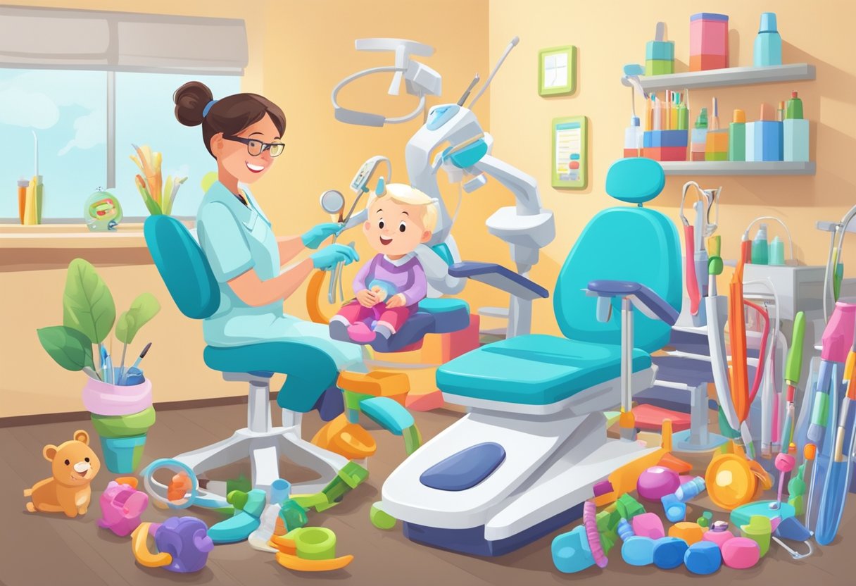 A child sitting in a dentist's chair, surrounded by colorful dental tools and toys, while a dentist explains preschool activities