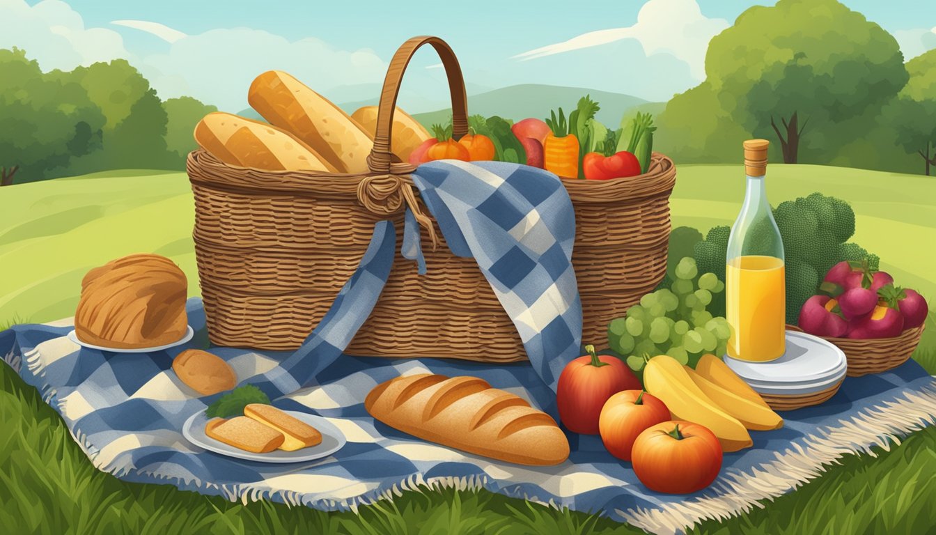 A wicker picnic basket filled with fresh produce, bread, and a checkered blanket laid out on a grassy meadow