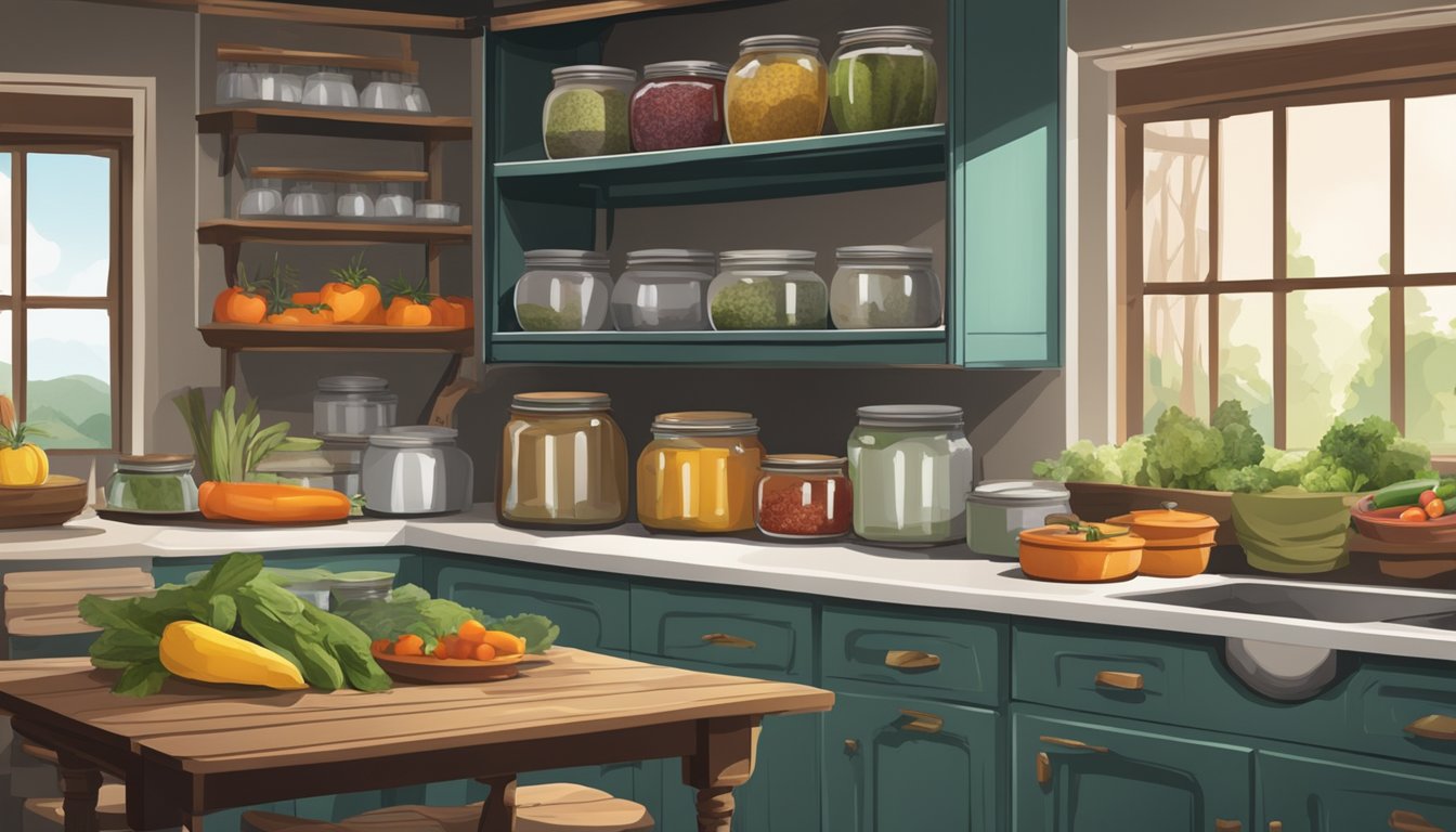 A rustic kitchen with shelves of preserved jars, fresh produce being prepared, and a pot simmering on the stove