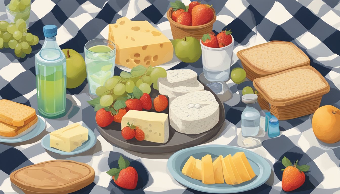 A picnic spread with fresh fruits, sandwiches, and a variety of cheeses laid out on a checkered tablecloth. A cooler with ice packs sits nearby, and a hand sanitizer dispenser is visible