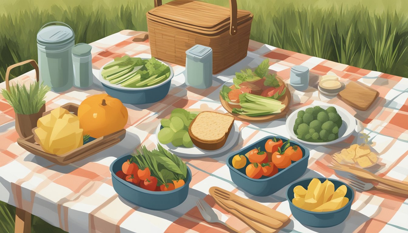 A picnic spread with reusable containers, bamboo utensils, and locally sourced produce arranged on a biodegradable tablecloth in a natural setting