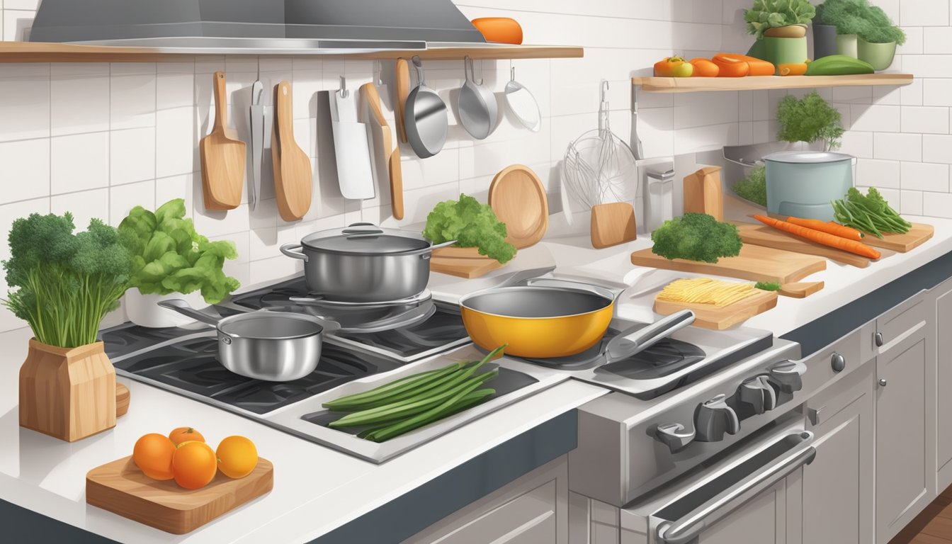 A clean and organized kitchen with fresh ingredients laid out for cooking, with a focus on safety measures such as using oven mitts and handling knives carefully