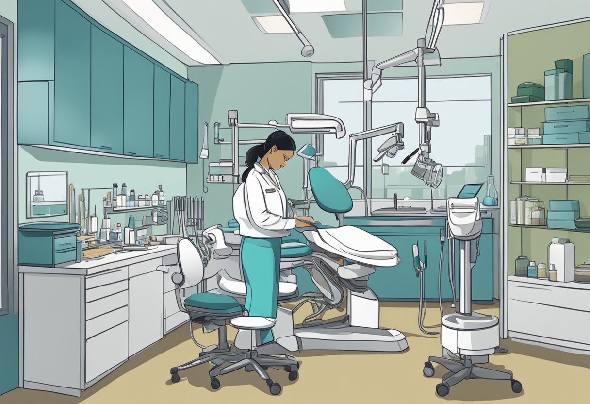 A dental assistant preparing instruments and materials for a patient's procedure in a well-lit, organized treatment room