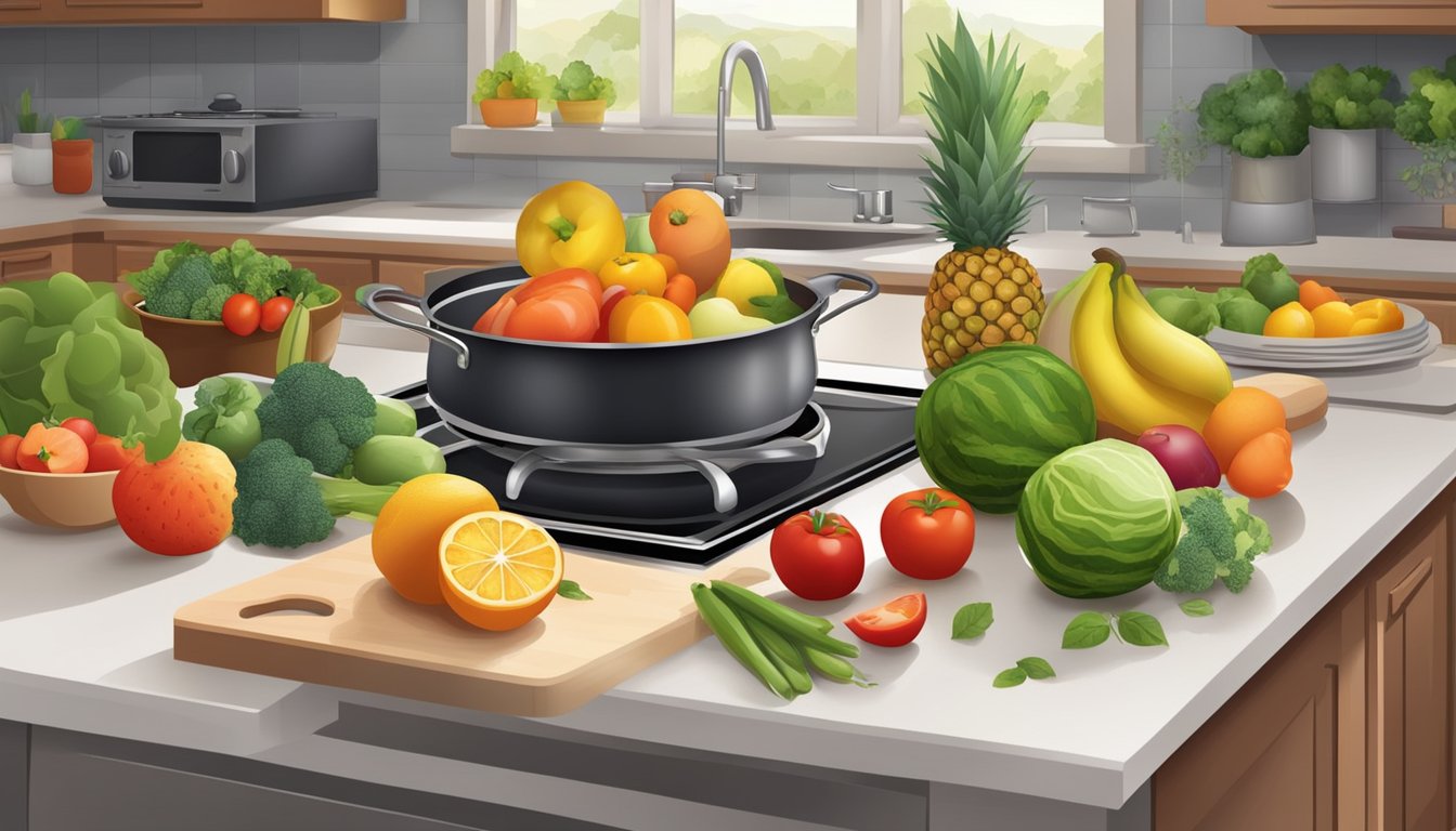 A kitchen counter with a variety of fresh fruits, vegetables, grains, and lean proteins. A pot simmering on the stove and a cutting board with colorful ingredients