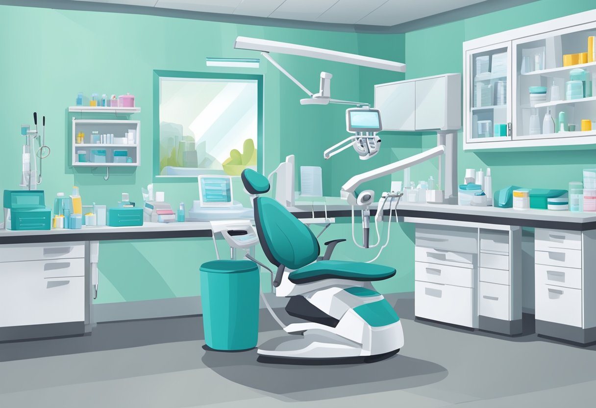 A dental assistant preparing tools and equipment for a procedure in a clean and organized dental office