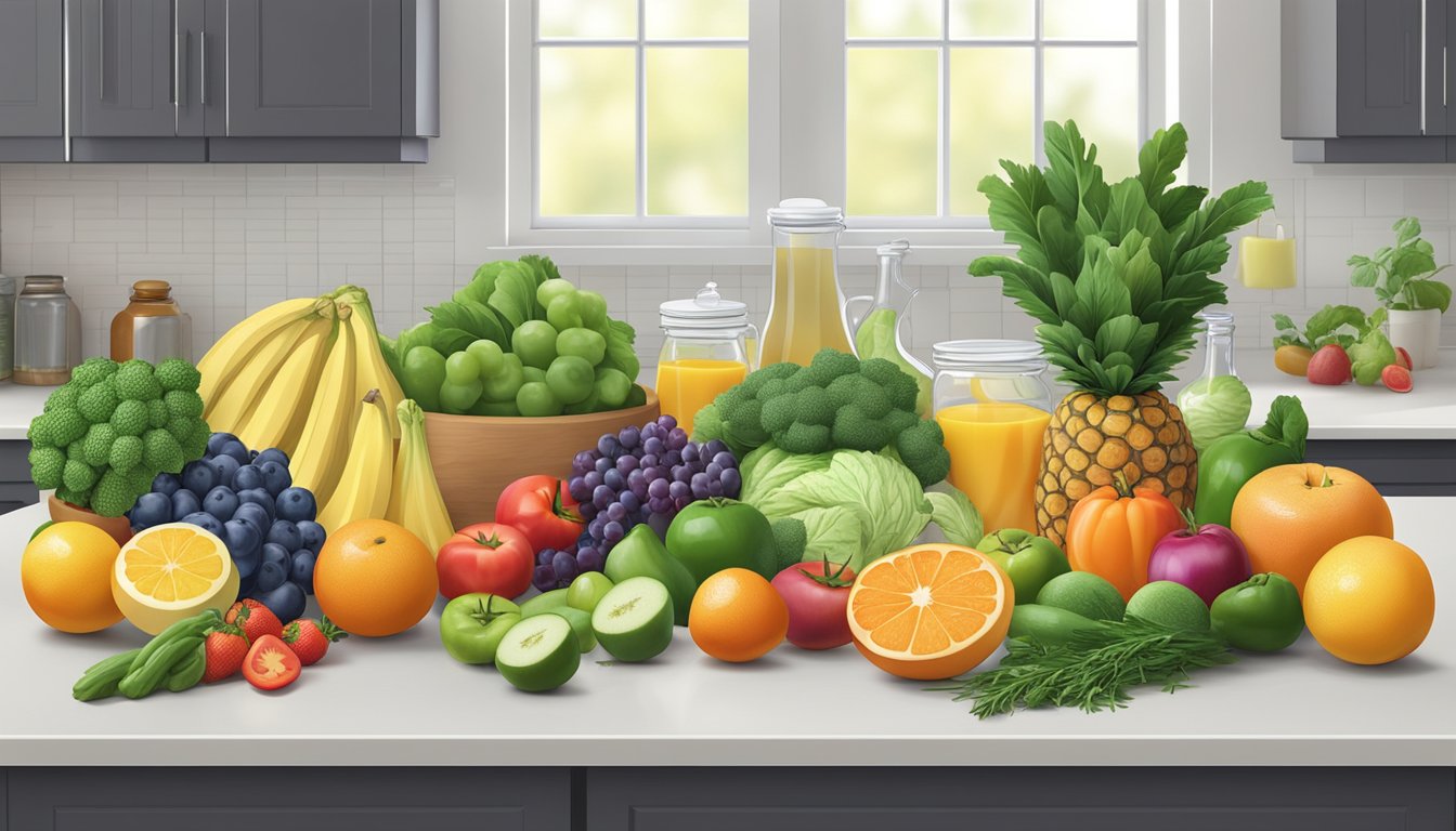 A colorful array of fresh fruits, vegetables, herbs, and lean proteins laid out on a clean, organized kitchen counter