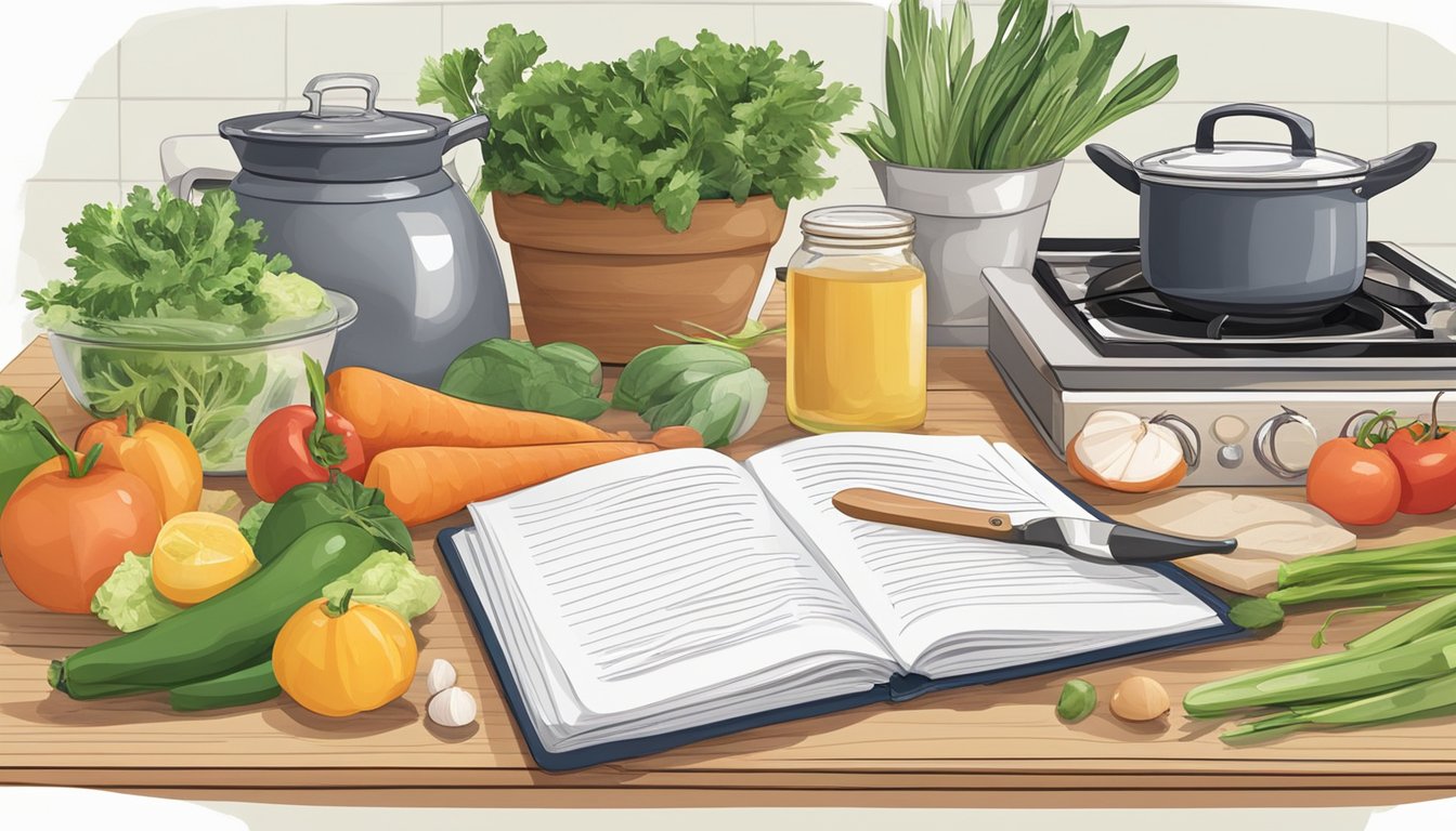 A kitchen counter with fresh ingredients, a cutting board, and a pot on the stove, surrounded by cookbooks and a notebook with recipes