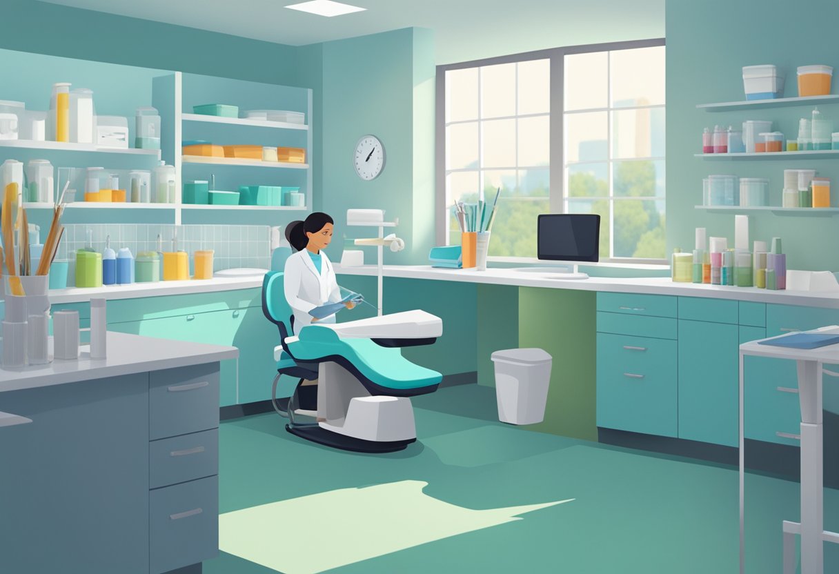 A dental assistant preps tools and organizes supplies in a clean, well-lit dental office. The sound of gentle music plays in the background, creating a calm and professional work environment