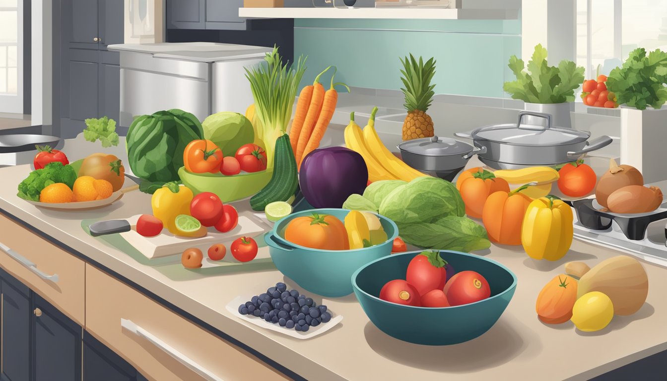 A colorful array of fruits, vegetables, and lean proteins laid out on a clean kitchen counter, with pots and pans ready for cooking