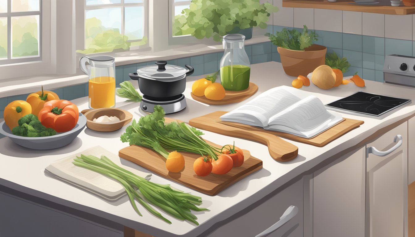 A kitchen counter with fresh ingredients, a cutting board, and a stove, with a cookbook open to a healthy recipe