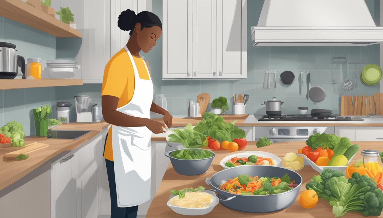 A person preparing a healthy meal in a well-stocked kitchen, with a support group meeting in the background