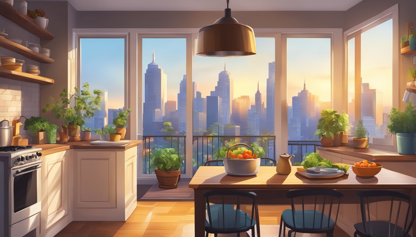 A cozy kitchen with a pot simmering on the stove, a table set for one, and a window revealing a vibrant cityscape