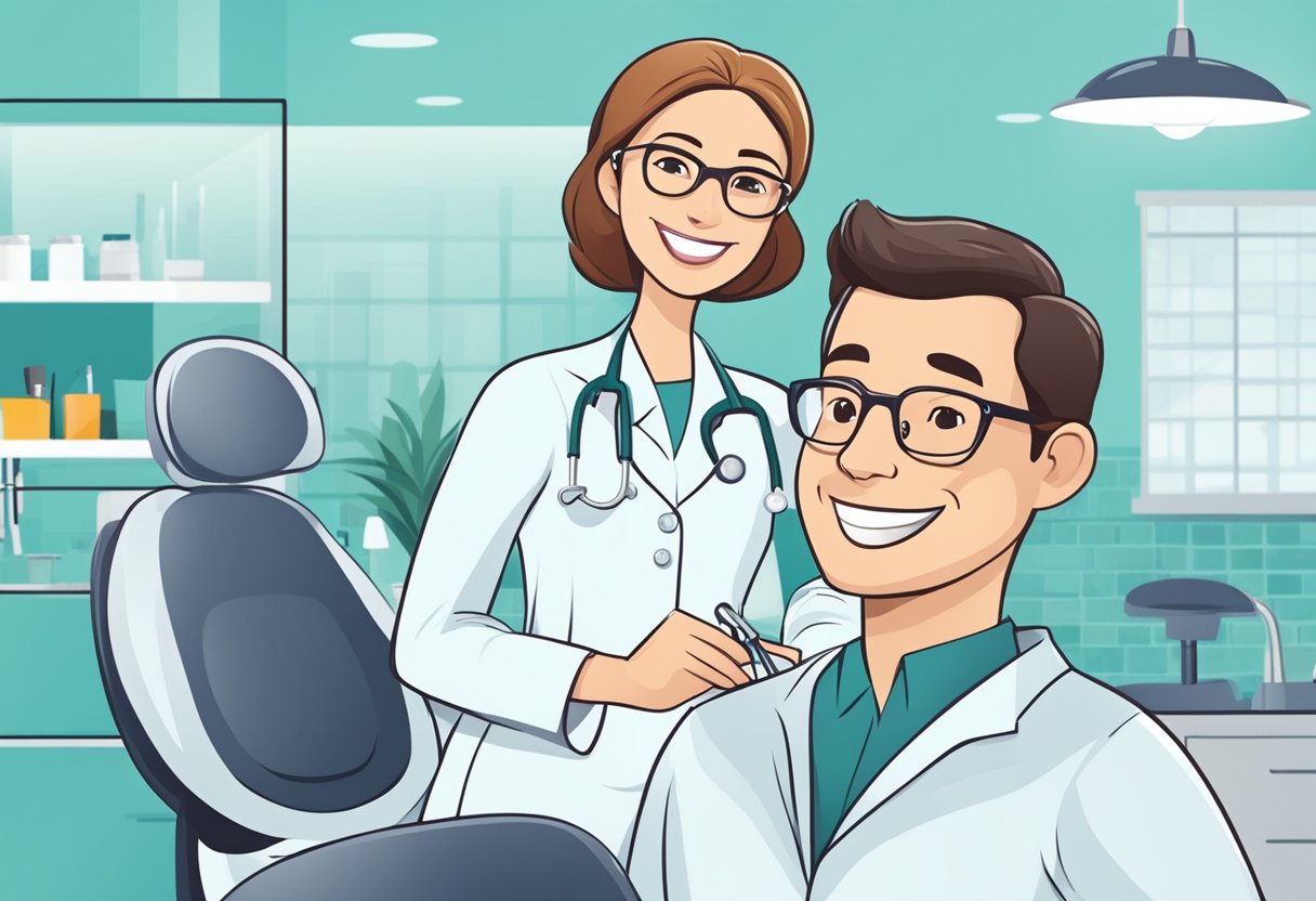 A dental assistant smiling while assisting a dentist with a patient