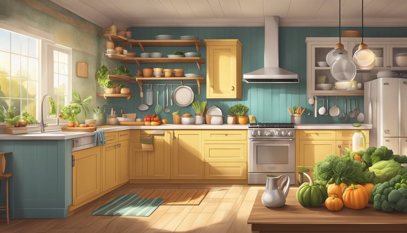 A bright, organized kitchen with fresh produce and cooking utensils, surrounded by a warm and inviting atmosphere