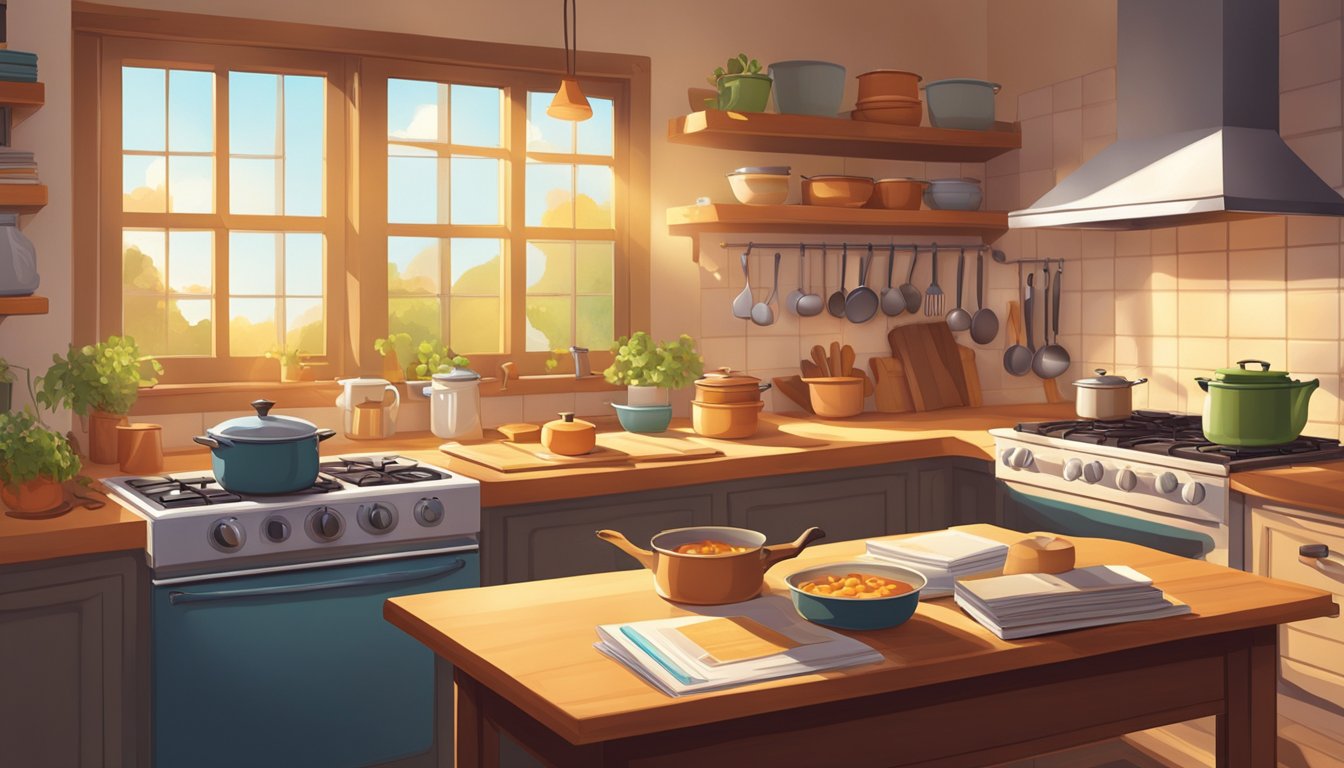 A cozy kitchen with a cluttered table, a stack of cookbooks, and a simmering pot on the stove, surrounded by the warm glow of afternoon light