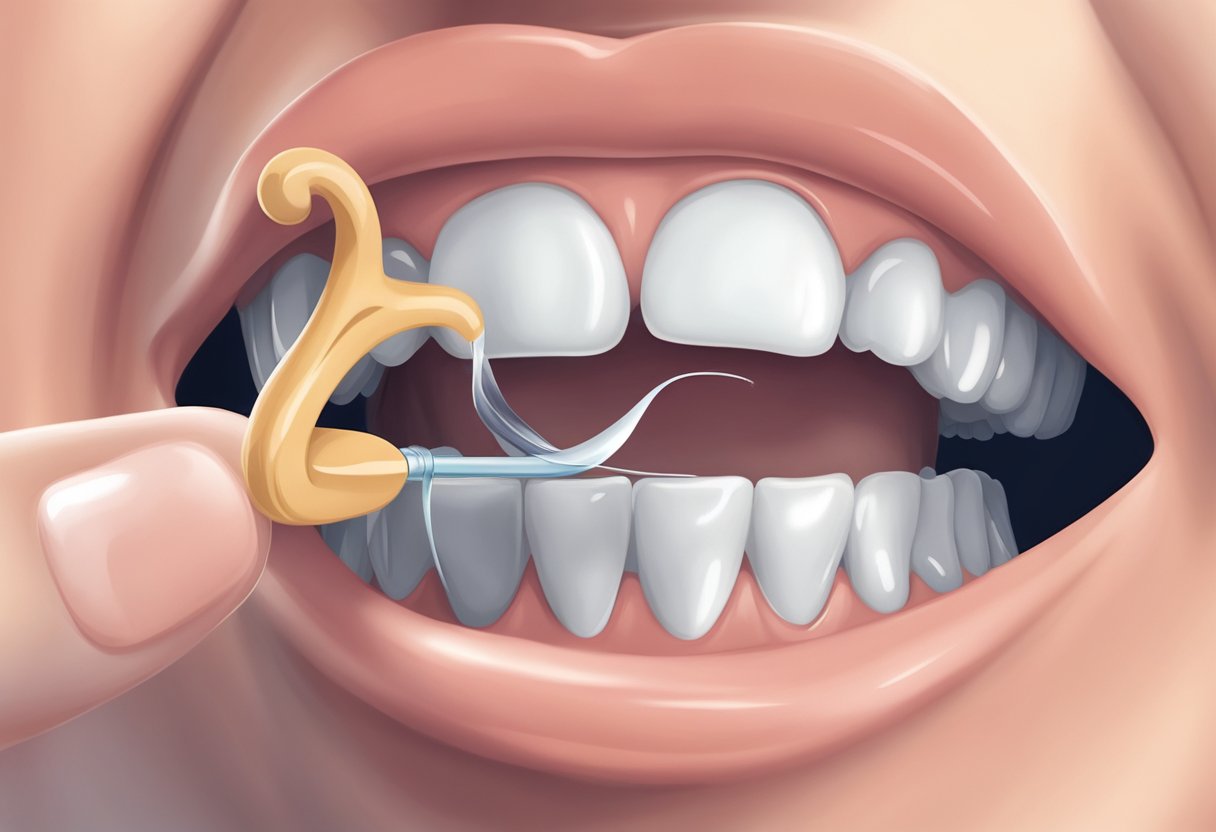 A hand holding a floss pick between two teeth, with the floss pulled taut and running along the gum line