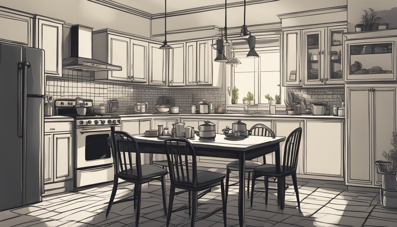 A dimly lit kitchen with a single person sitting at the table, surrounded by empty chairs and a half-prepared meal on the stove