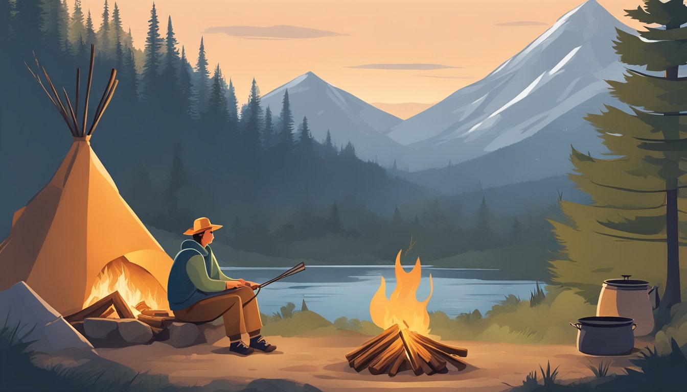 A person sits alone by a crackling campfire, surrounded by nature. A pot hangs over the flames as they prepare a simple meal, finding solace in the process of cooking