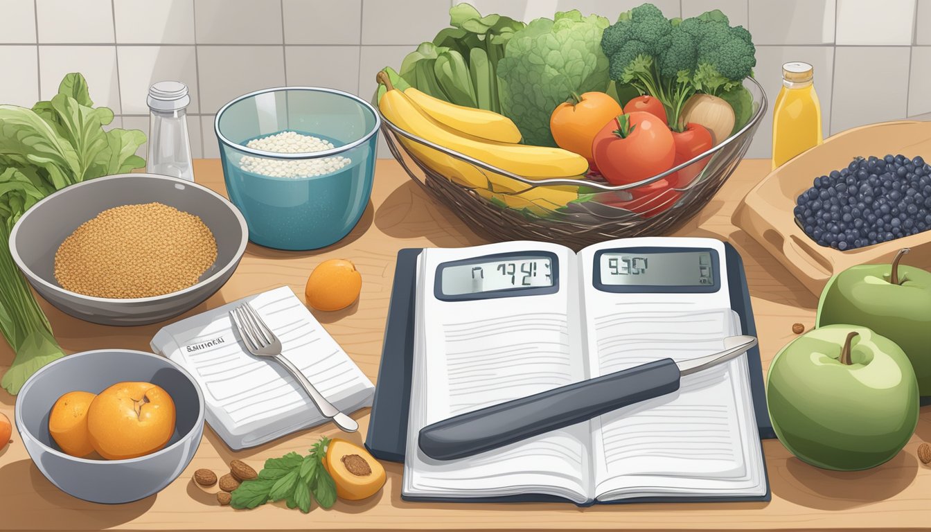 A kitchen counter with fresh fruits, vegetables, lean proteins, and whole grains. A scale and measuring cups are nearby, along with a recipe book open to a healthy dish