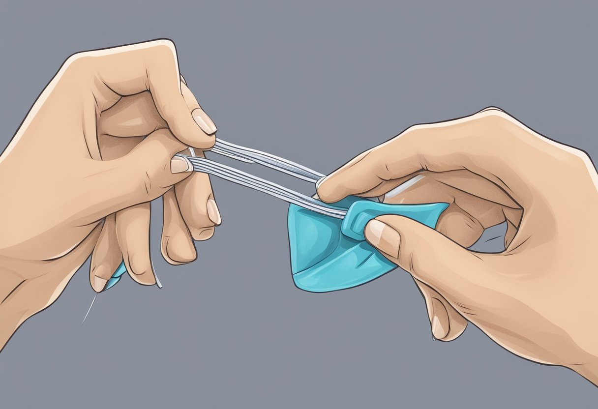 A hand holding a floss pick between two teeth, demonstrating the proper technique for cleaning