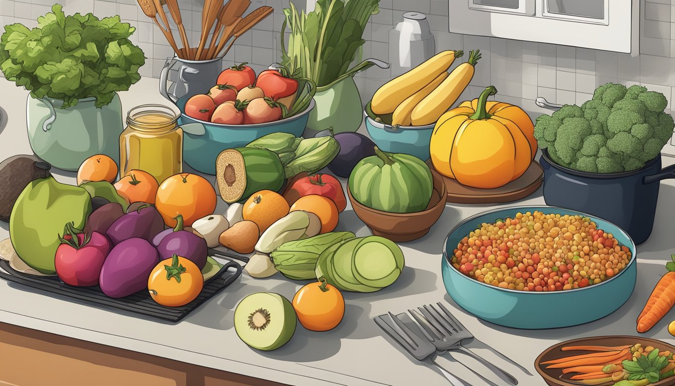 A colorful array of fresh fruits, vegetables, lean meats, and whole grains arranged neatly on a kitchen counter, surrounded by pots, pans, and cooking utensils