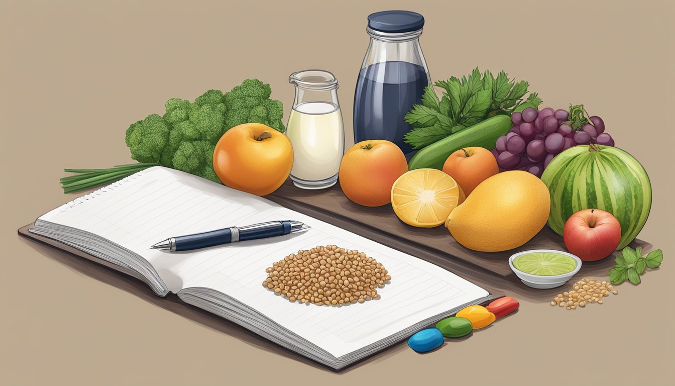 A kitchen counter with fresh fruits, vegetables, lean proteins, and whole grains neatly arranged, alongside a notebook and pen for jotting down the shopping list