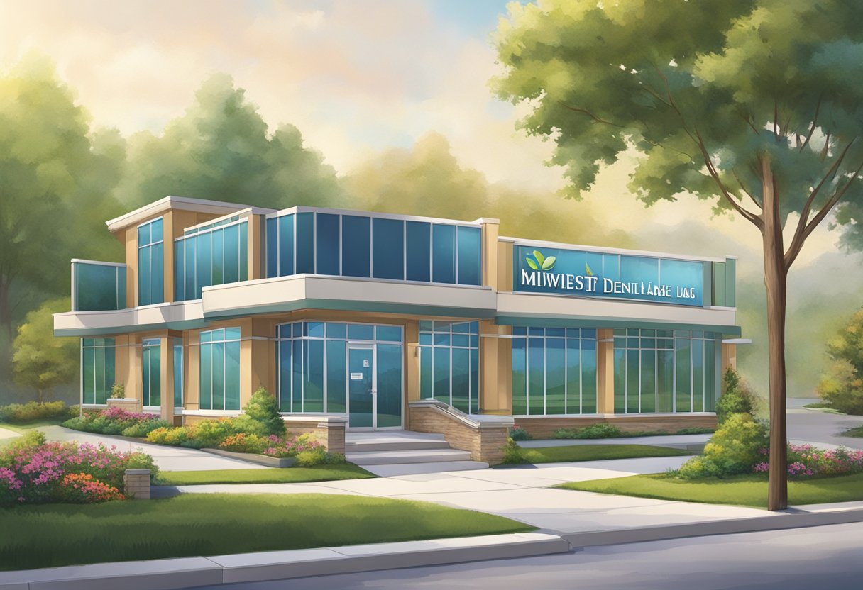 A bright, sunny day with a clear view of the Midwest Dental Lake in the Hills building, surrounded by lush greenery and a clear directional sign pointing towards the entrance