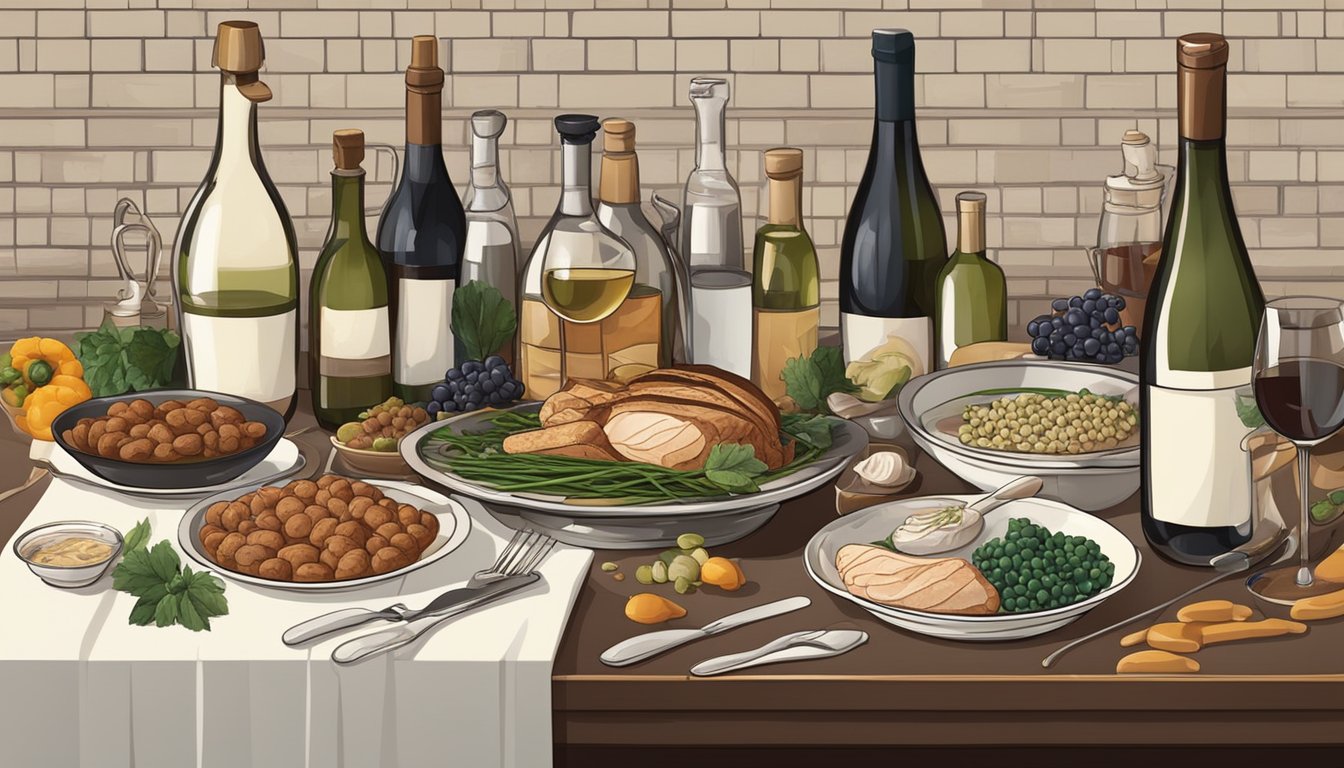 A table set with various proteins and wine bottles, surrounded by cooking utensils and ingredients