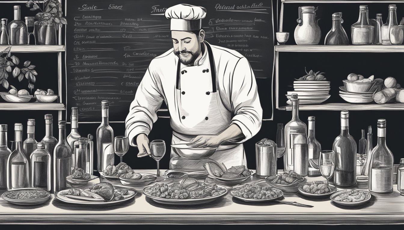 A chef arranging a spread of various dishes and wine bottles on a table, with a chalkboard displaying pairing tips in the background