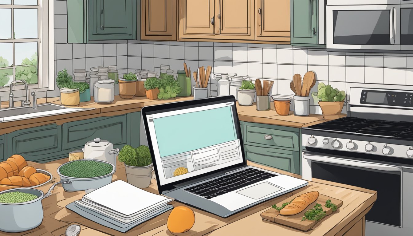 A kitchen with scattered pots, pans, and ingredients. A cookbook open on the counter next to a laptop with a shopping list displayed