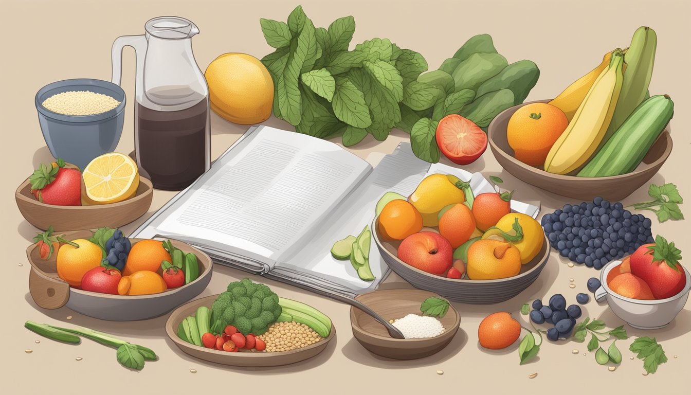 A kitchen counter with a variety of fresh fruits, vegetables, grains, and lean proteins laid out, alongside a cookbook and cooking utensils