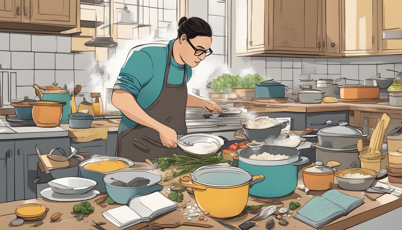 A cluttered kitchen counter with open cookbooks, spilled ingredients, and pots and pans scattered about, as a person frantically tries to follow a recipe amidst the chaos