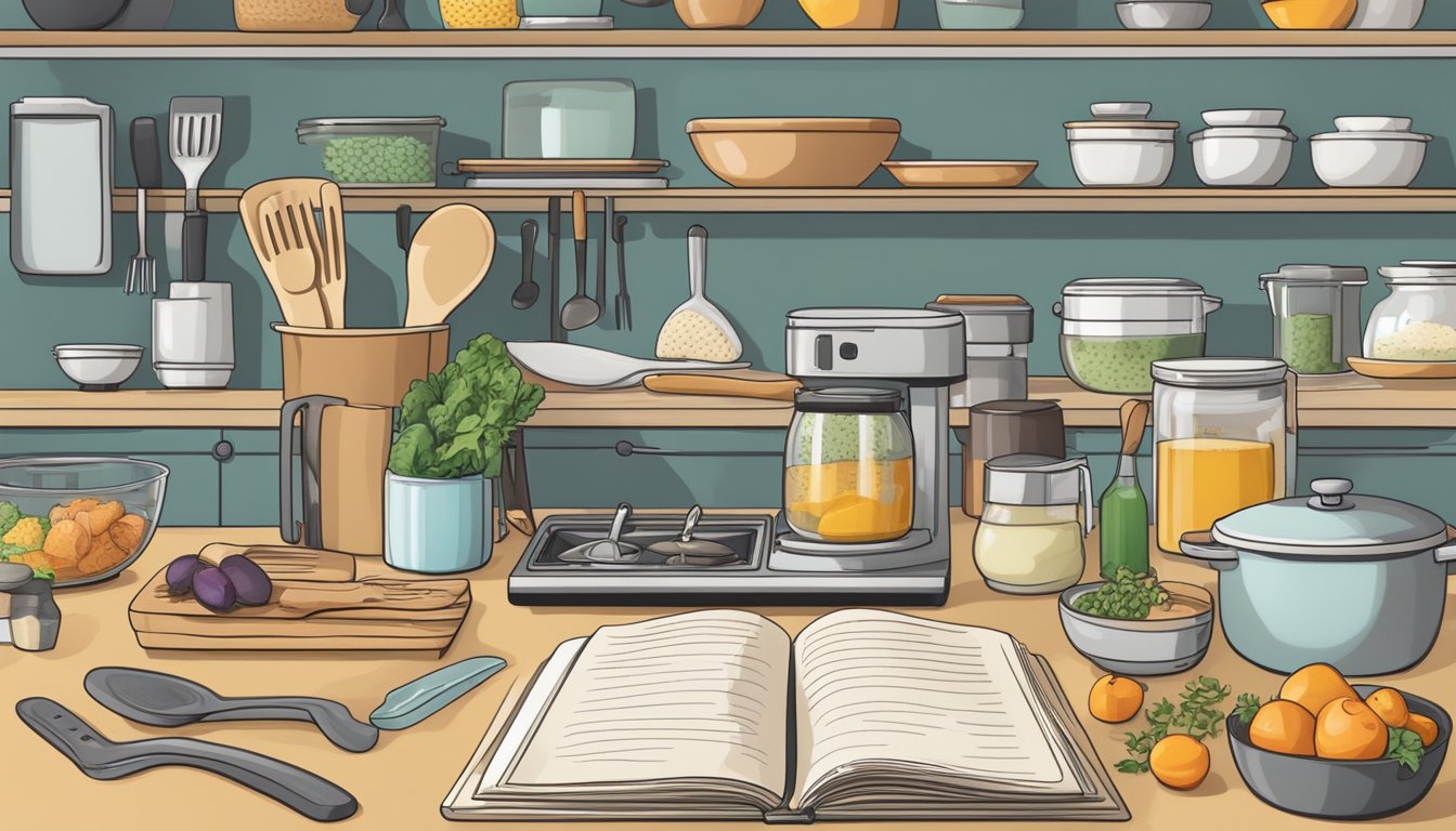 A kitchen with organized ingredients and utensils, a timer on the counter, and a cookbook open to a recipe