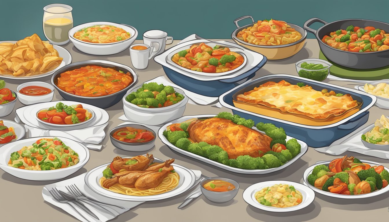 A table set with an array of main courses, including dishes like lasagna, roasted chicken, and vegetable stir-fry, ready for a potluck