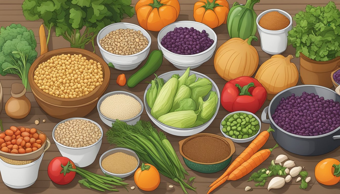 A colorful array of fresh vegetables, grains, and legumes arranged on a kitchen counter, surrounded by pots, pans, and cooking utensils