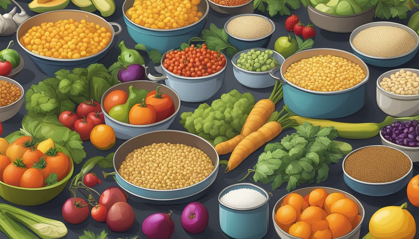 A colorful array of fresh fruits, vegetables, grains, and legumes spread out on a kitchen counter, surrounded by pots, pans, and cooking utensils