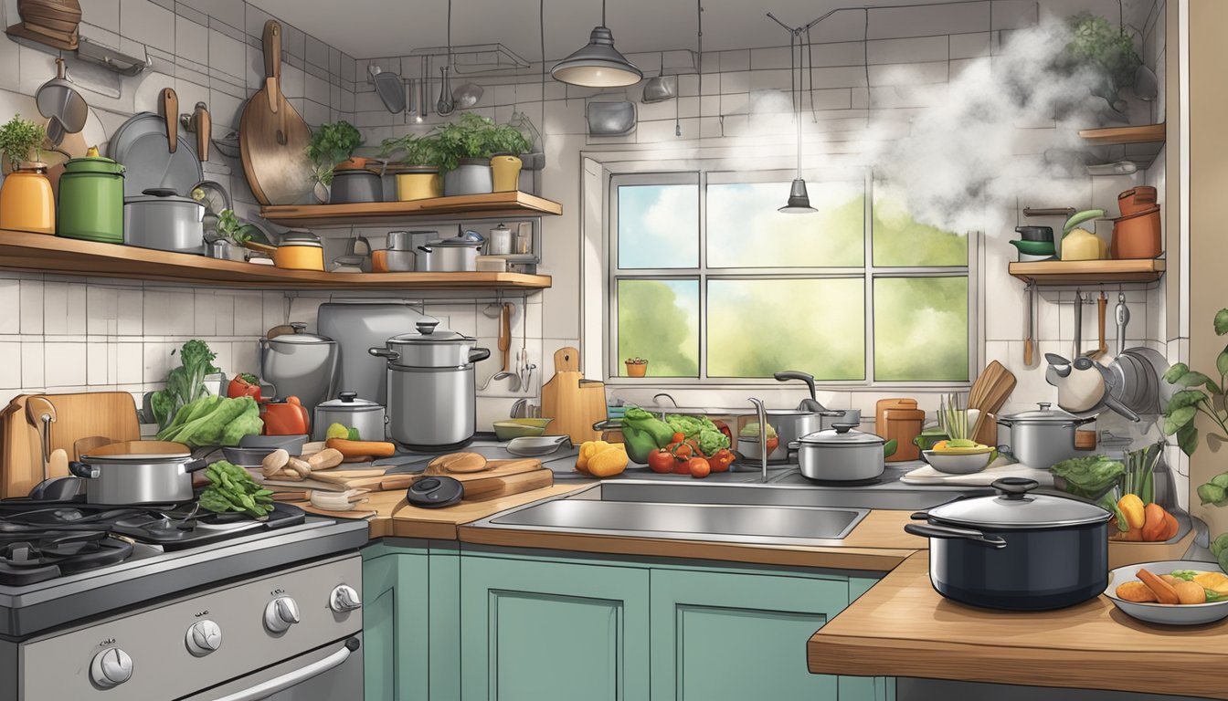 A cluttered kitchen with ingredients scattered, a timer beeping, and a stove emitting smoke as pots and pans overflow with food