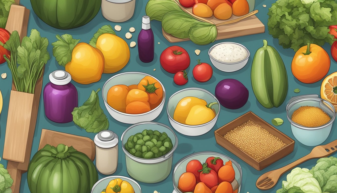 A kitchen counter with colorful vegetables, fruits, and grains arranged neatly, alongside eco-friendly cooking utensils and reusable containers