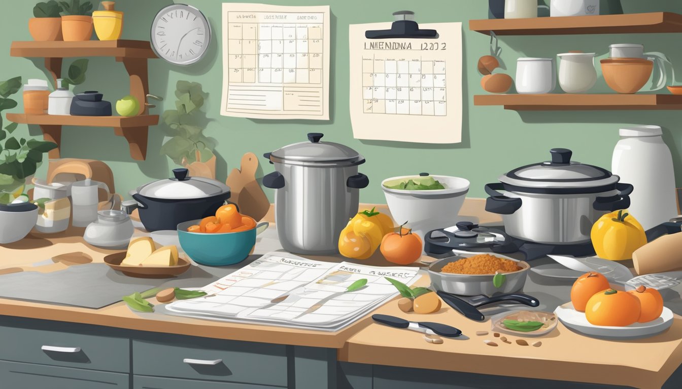 A cluttered kitchen counter with a calendar, grocery list, and various ingredients. A timer is ticking as pots and pans sit on the stove