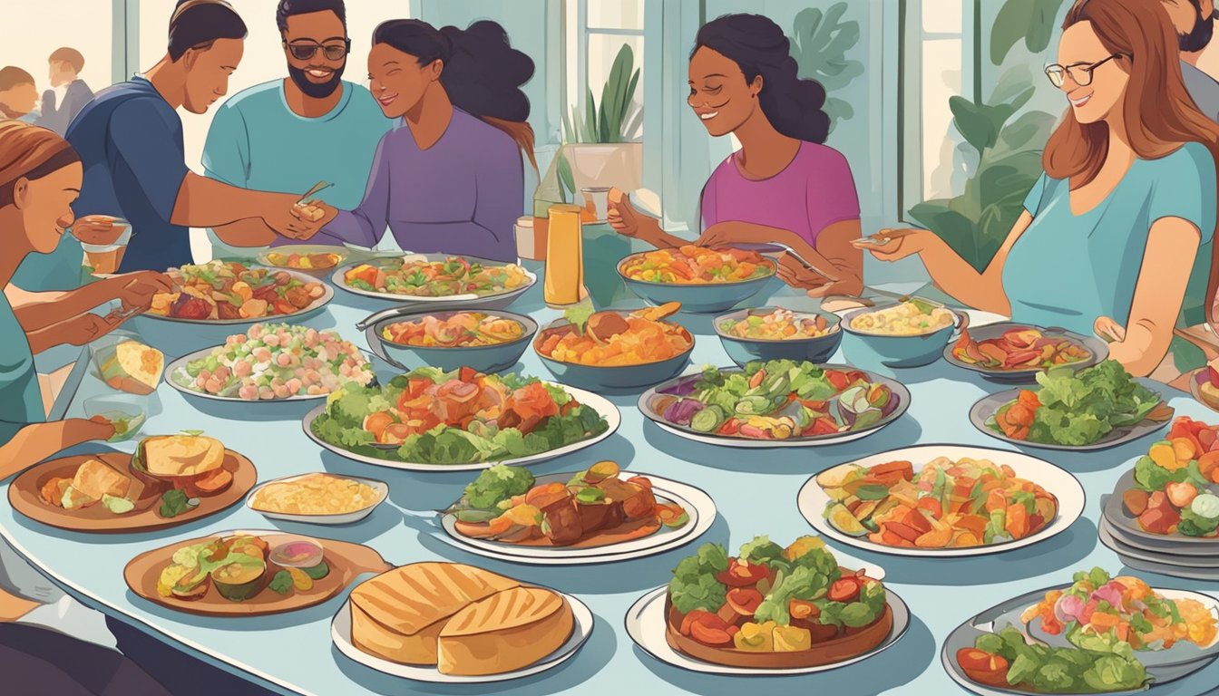 A table filled with a variety of colorful dishes and platters, surrounded by a group of people chatting and enjoying a potluck meal